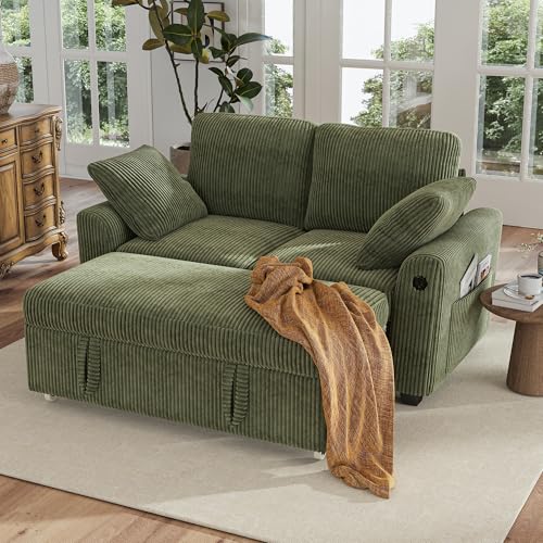 Image of Hanherry 59 inch Loveseat Sofa with Pull Out Couch Bed, Corduroy 2-in-1 Convertible 2 Seater Sleeper Sofa with USB Charging,Comfy Love Seat for Small Spaces Living Room Apartment