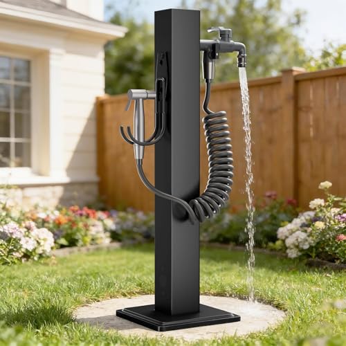 Edelstahl Garten Wassersäule mit Wasserhahn Verzinkte Eckige Wasserzapfstelle Mit Herausziehbarer Wasserleitung Zwei Installationsmethoden Schwarz Außen Wasserzapfsäule (95cm)