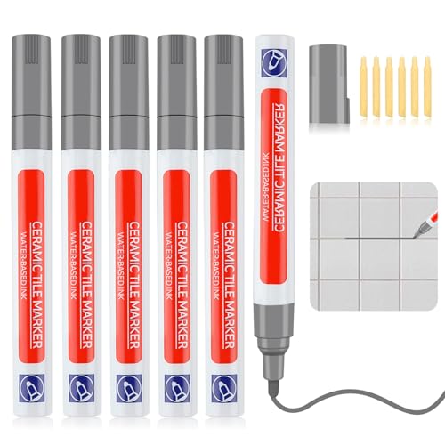 Penriter 6pcs Rotulador Juntas Azulejos Gris, 5ml Lápiz para Juntas, Lechada Juntas de Azulejos Tile Grout Pen, Blanqueador Reparador con Punta de Repuesto para Cocina Piso Baño Pared