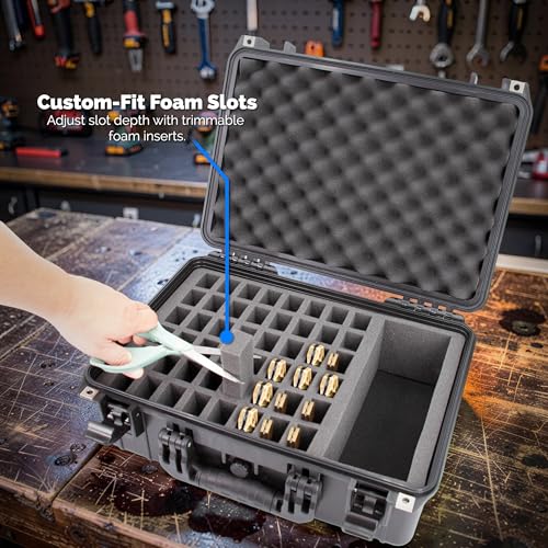 Image of CASEMATIX 48 Folding Knife Storage Case - Waterproof Lockable Knife Organizer for Pocket Knives, EDC Gear & Swiss Army Knives Up to 6 inch with Accessory Compartment for Sharpeners & Tools