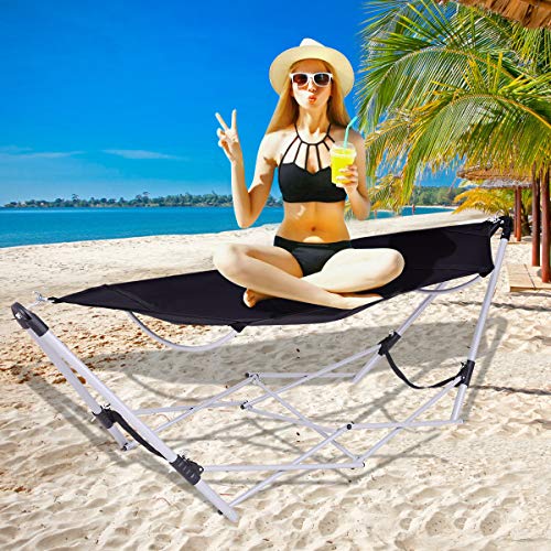 Giantex Portable Hammock With Stand-Folds, Lounge Camping Bed Folding With Carry Bag For Camping Outdoor Patio Yard Beach, 94.5" X 31.5" X 29"(Black) #TOP1