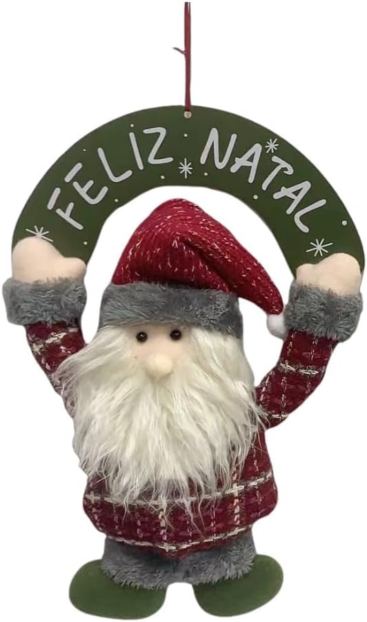 Enfeite de Natal de Pendurar com Placa Feliz Natal Papai Noel ou Boneco de Neve Xadrez 25 x 35cm | Guirlanda Decoração Natalina para Porta, Parede ou Escritório (Papai Noel)