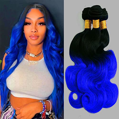 muaowig Bundles Ombre 1B Blue Human Hair 3 Bundles Body Wave 100% Unprocessed Virgin Hair Weaves Blue Hair Bundles Body Wave Bundle Ombre 3 Bundles 16 18 20 inch, 10.5822 Ounce