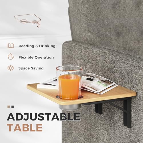 Image of Chenille Accent Chair, Mid Century Modern Arm Chair with Foldable Wooden Side Table & Cup Holder - Comfy Reading Chair for Bedroom,Living Room Chairs,Single Sofa Chair, Dark Grey