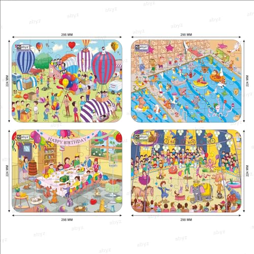 Image of ABYZ Wooden Jigsaw Air Balloon, Birthday Party, Circus, Animal's Pool Party Puzzle 120pcs for Kids, of Age 3-5 Years, Set of 4
