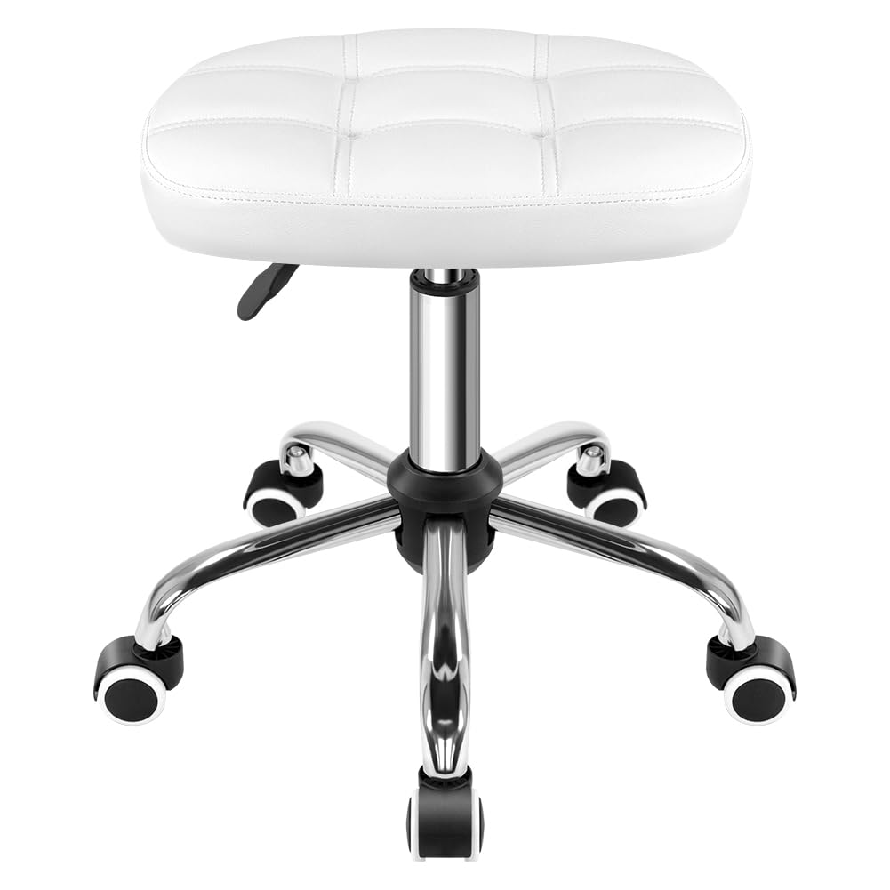 FURWOO Taburete Ovalado Rodante Altura Ajustable Sillón de Masaje con Ruedas para SPA Salón Blanco