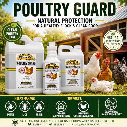 Image of Poultry Guard - Natural Chicken Mite & Lice Treatment - Organic Poultry Parasite Spray & Chicken Coop Cleaner - Safe, Non-Toxic Bug Control for Hens, Coops & Commercial Poultry Farms (2.5 Gallon)