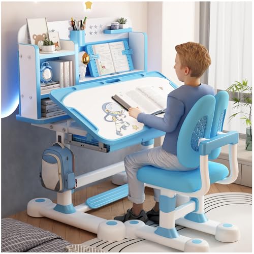 Höhenverstellbarer Kinderschreibtisch mit Stuhl Set - Ergonomischer Schreibtisch für Kinder ab 6 Jahren, Schreibtisch mit Stuhl für Jungs & Mädchen, verstellbarem Fußbrett & Bücherstände (Blau) Höhenverstellbarer Kinderschreibtisch mit Stuhl Set - Ergonomischer Schreibtisch für Kinder ab 6 Jahren, Schreibtisch mit Stuhl für Jungs & Mädchen, verstellbarem Fußbrett & Bücherstände (Blau)