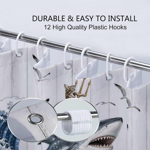 Image of Boziqr Funny Cat Shower Curtain, Cool Cat Shark Ocean Wave Bathroom Decor