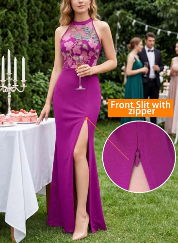 Image of VFSHOW Womens Formal Sexy Halter High Slit Prom Wedding Guest Maxi Dress 2023 Illusion Sweetheart Neckline Evening Long Gown