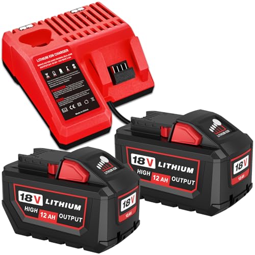 2Packs 12000mAh 48-11-1812 Lithium Replacement Battery and Charger Combo Kit Compatible with Milwaukee 18V Battery 48-11-1850 48-11-1815 48-11-1860 48-11-1890 48-11-2230 48-11-2830(Red)