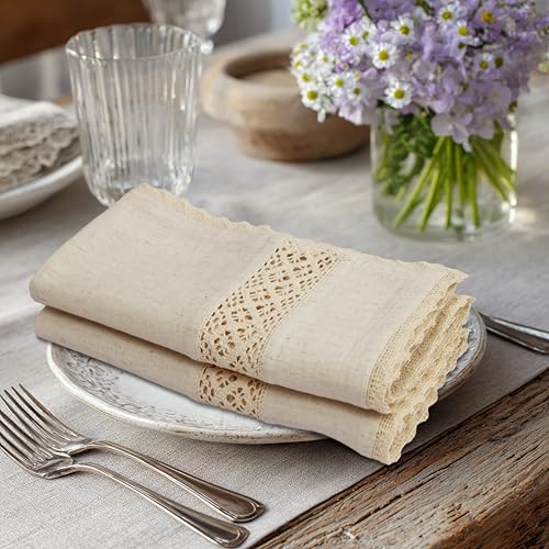 Serviettes de table en coton naturel avec dentelle lot de 8 réutilisables - 5