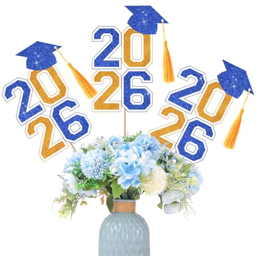 Image of 10 Pcs Graduation Table Centerpieces Sticks with Tassels, class of 2026 Grad Cap Picks Table Decoration Cupcake Toppers for Party Centerpiece Decoration Supplies(Blue and Gold)