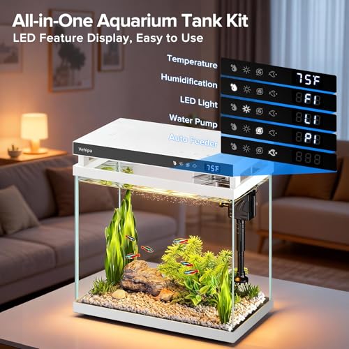 Vehipa 8L Aquarium, Klein Aquarium Komplettset mit 7-Farben LED-Beleuchtung, Automatischer Zuführer, intelligentem Luftbefeuchter, Temperaturanzeige, Leise Pumpe, Weiß