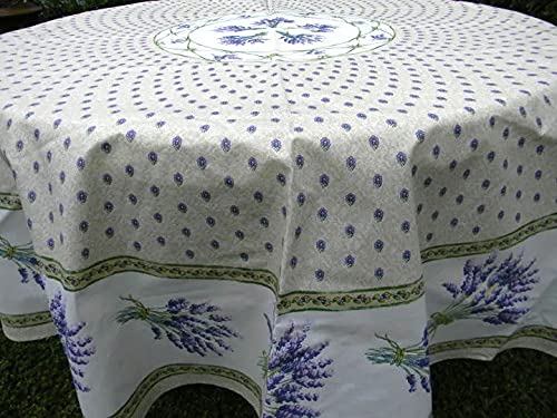 Le Cluny, Lavender Cream (Lavande Creme) French Provence 100 Percent Coated Cotton Tablecloth, 70 Inch Round #TOP21