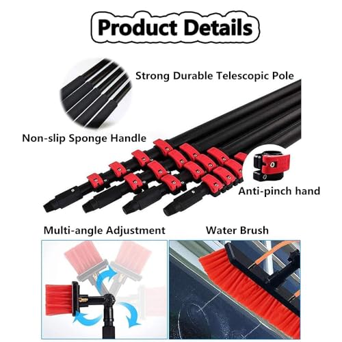 Kit professionale con asta di alimentazione dell'acqua da 35 cm con spazzola rotante a 180° e tubo espandibile da 20 m, perfetto per la pulizia di pannelli solari e finestre