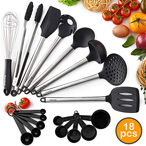 Premium Kitchen Utensil Set for Cooking - 18-Piece Spatulas & Spoons for Nonstick Cookware - Heat Resistant, Non-Scratch, Dishwasher Safe Silicon Stainless Steel Tools - Measuring Cups, Whisk, Tongs