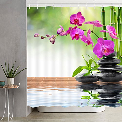 NEWVAVA Sunm Boutique Bathroom Shower Curtain Zen Spa Shower Curtains with Hooks, Orchid Stone Bamboo Water Design Fabric Bathroom Curtain Durable Waterproof Bath Curtain Set