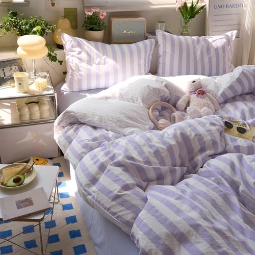 Image of LifeTB Striped Comforter Set Queen, Vintage Purple White Stripes Pattern Printed Bedding Set, Lightweight Soft Striped Bed Comforter with 2 Pillowcases, Farmhouse 3 Piece Comforter Set for All Season