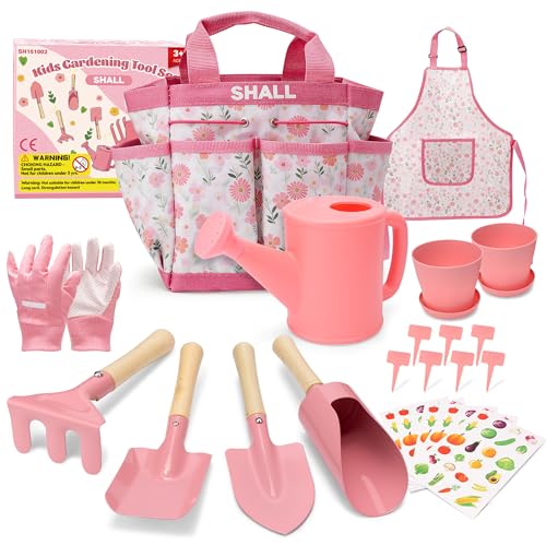 Shall Juego de jardín para niños，22 Piezas, Incluye Bolsa de Transporte con diversas Herramientas de jardinería. Ideal para niñas como Juguete de Exterior niños.