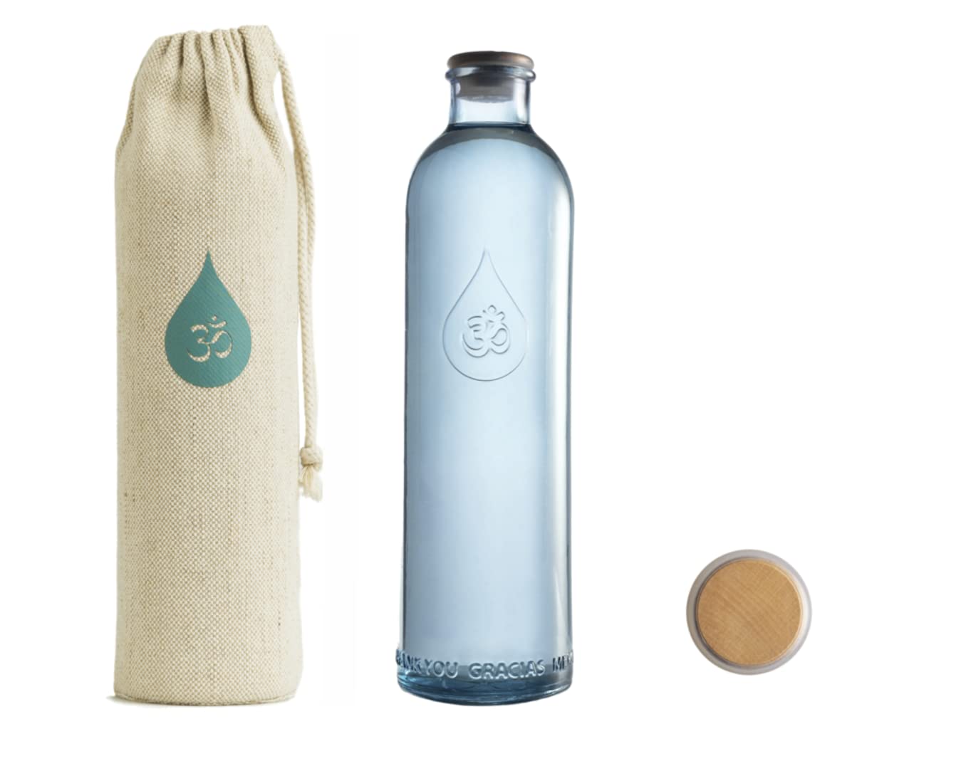 Omwater Gratitude Recycelte Glasflasche 1,2L Schwermetallfrei mit luftdichter Kappe und widerstandsfähiger Hanf-/Baumwollhülle für Reisen, zum Mitnehmen ins Fitnessstudio, Büro, Strand, Urlaub