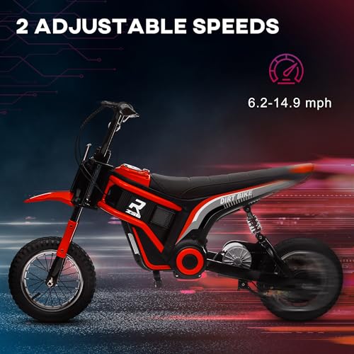 Aosom Electric Dirt Bike with Twist Grip Throttle, 24V 350W Off-Road Electric Motorcycle, Up to 15 MPH with Brake, Music Horn, Rear Suspension for Ages 13+ Years, Red