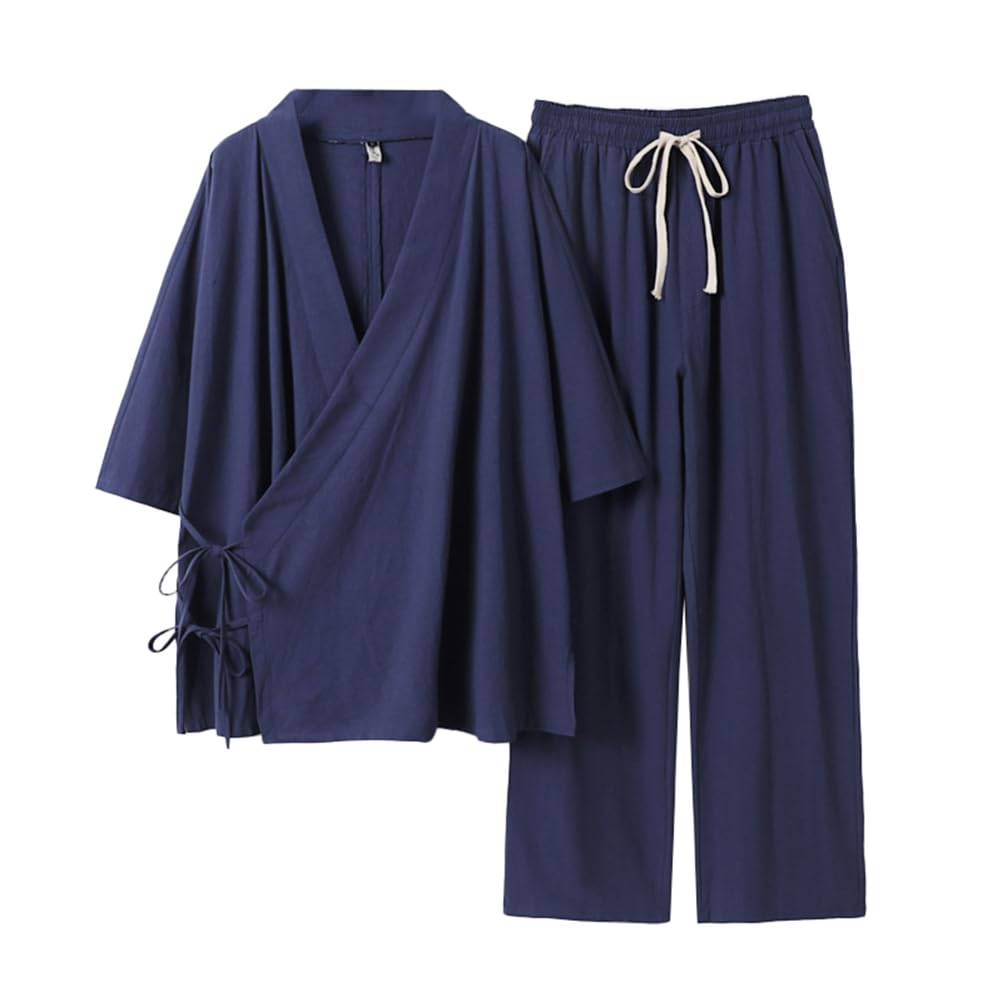 TIANQIHAO Japanese Style Pajamas Cotton Japanese Kimono Suit Summer Plus Size Kimono Bathrobes Chinese Style Sleepwear,Blue-7X-Large