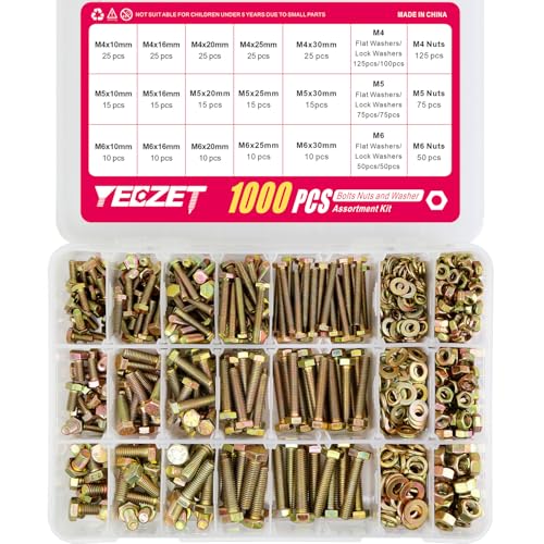 YEEZET 1000 PCS Schrauben und Muttern M4 M5 M6 Verzinkt 8.8 Sechskantschrauben, Unterlegscheiben, Federringe und Muttern Sortiment Kit, 15 Gebräuchlichste Größen, 10-40mm