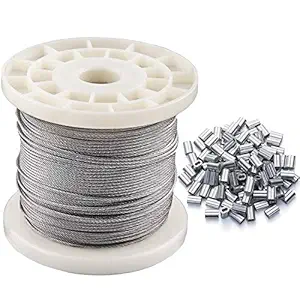 1/16 Wire Rope Kit for Railings,IETFULL Stainless Steel 304 Wire Cable with 100pcs Aluminum Crimping Sleeves,7x7 Strand Core,328FT Length Cable,368 lbs Breaking Strength Backyard