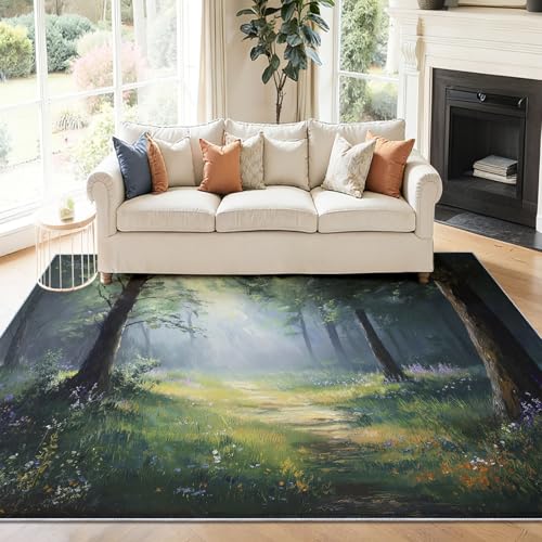 Alfombra Salon 90 x 150 cm Antideslizante Alfombras Lavables en Lavadora Habitacion Dormitorio Escena de Lluvia en el Bosque impresionista Comedor Modernas Tapete Quarto Pelo Corto Verde