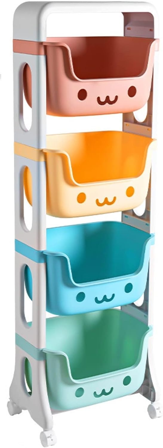 Kids Toy Storage Organizer 4-Tier Rolling Cart,Playful Colors Smiley Design Children Playroom Decor Doll Activity Rack Shelf Plastic Bins Box
