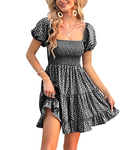 Image of Veatzaer Women's Puff Sleeve Square Neck Smocked Babydoll Dress Boho Floral Print Off Shoulder Ruffle Mini Short Dress