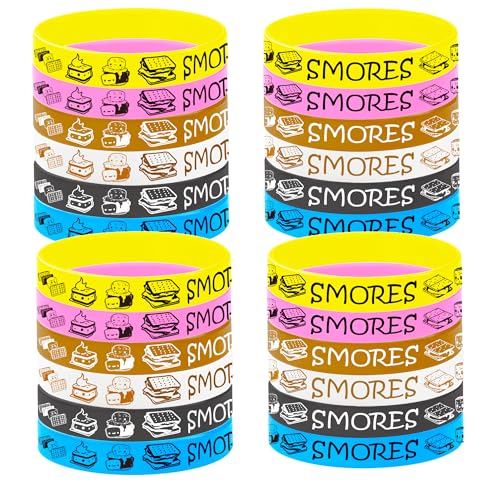 PIBIMoicy 24 Pcs Smores Rubber Silicone Wristbands,for Campfire Birthday S'Mores Camping Party Favors Supplies Decorations Favors