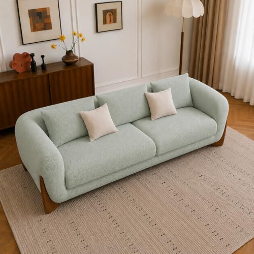 Image of Modern Sofa, Teddy Fabric, Chesterfield Style, Wooden Legs, for Living Room, Bedroom, Hallways (3+1+Ottoman, Sea Green)