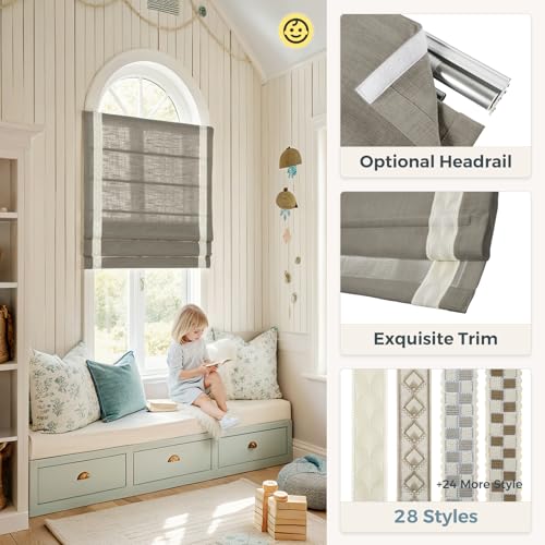 Image of TWOPAGES Liz No Drill Cordless Roman Shades Linen Textured Roman Blinds for Windows, Custom Made Room Darkening Blackout Roman Window Shades, Hardware Included, Taupe Grey, 1 Piece