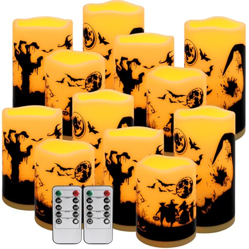 TLNFHRPI 12-Pack Halloween-Flameless Led Pillar Candles,Remote Control and Timer Functions,Witch/Bats/Castle Decals-for Party and Festival Decoration