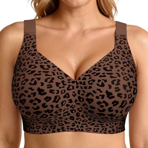 LetsJoli Jelly Bras for Women Push Up Bra Wireless No Underwire Supportive Full Coverage Plus Size for Older Women(Leopard Coffee,3XL)