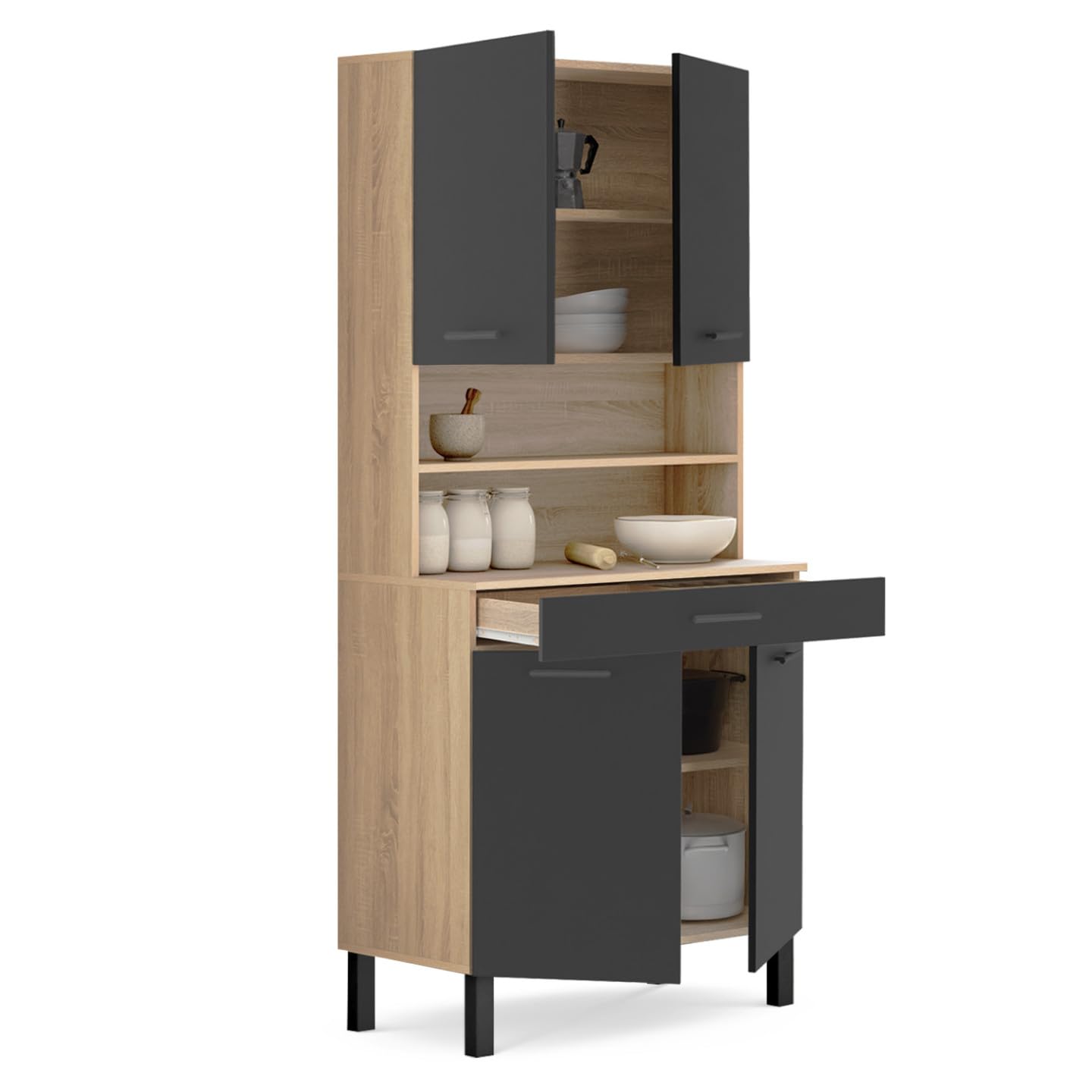 Buffet Cuisine 80 Cm CINA IDMarket - 4 Portes + Tiroir, Noir Et Hêtre - Rangement XL Moderne