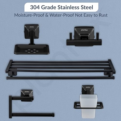 Image of Plantex 304 Grade Stainless Steel Bathroom Accessories Set of 5 - Towel Stand /Napking Holder /Soap Holder /Toothbrush Stand /Robe Hanger - Squaro (Black)