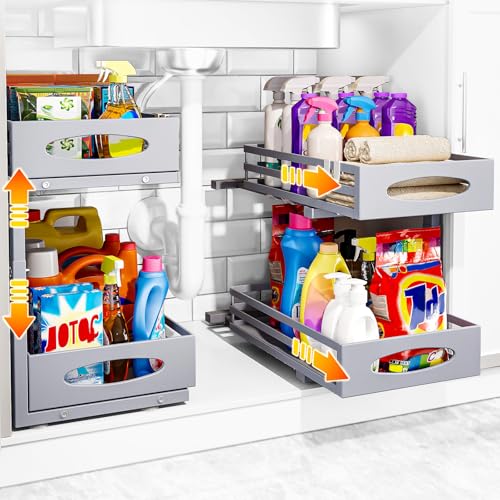 Image of Under Sink Organizer, 2 Tier Under Sink Organizers and Storage, Adjustable Height, Slide out Metal Cabinet Organizers, Pull out Cabinet Storage Drawer Shelf for Kitchen Bathroom (Gray, 2 Pack)