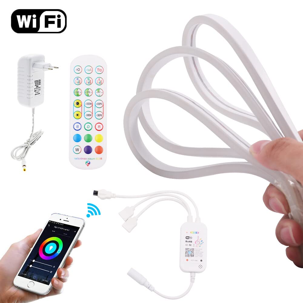 Smart RGB Neon LED Streifen, DC12V 5M 5050 360 LEDs Silikon Flexibler Neonstreifen,WIFI Musiksynchronisierung Neon LED Lichtband mit Fernbedienung & Netzteil für Schlafzimmer,Weihnachtsfeier