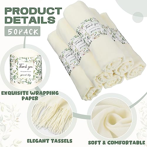 Xtinmee 50 Pack Pashmina Shawl and Wrap Bulk Cashmere Scarf for Guest Wedding Favor Gifts Bridal Baby Shower Birthday Party (White,Leaf)