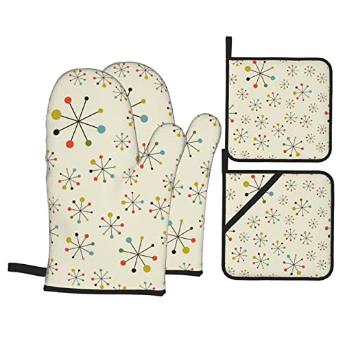 Retro Modern Oven Mitts And Pot Holders Sets, 4 Piece Set, Heat Resistant Polyester Gloves And Pads For Kitchen Cooking Baking Grilling Bbq #TOP7