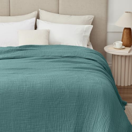 Image of 100% Cotton Muslin Blanket King 108 inch x 90 inch, 6 Layers Breathable and Lightweight Cotton Throw Blanket for Bed, Soft Quilt Bedspread Coverlet, Gauze Blanket for Adults All Season, Teal
