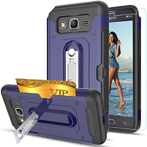 Galaxy Grand Prime Case,Galaxy J2 Prime Case With HD Phone Screen Protector,Ymhxcy [Card Slots Wallet Holder] Rotating Bracket Dual Layer Shockproof Case Cover for Samsung Galaxy G530-HM Blue