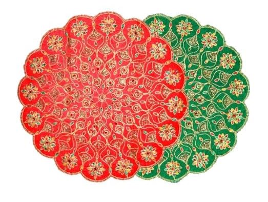 Set of 2 Mat Aasan Round Velvet Pooja Cloth Mat Aasan Decorative Cloth with Sequence Work for Indian Traditional Pooja Festival New year Decorations Item & Article(Size:- 11" X11")(Red and Green)