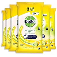 Dettol Multi Purpose Antibacterial Disinfectant Surface Cleaning Wipes Lemon, 720 Count, Pack of 6