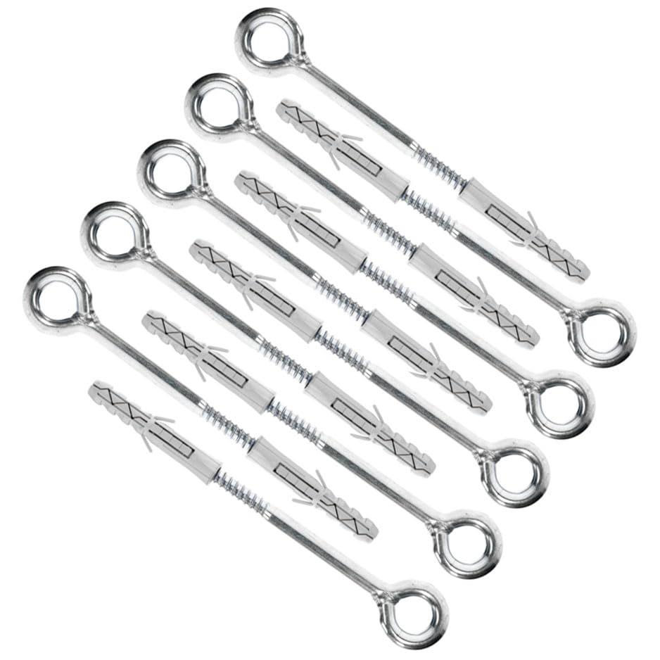 Kit di ancoraggio per ponteggi – Include robusti occhielli per ponteggi (noti anche come: viti a occhiello per ponteggi, bulloni a occhiello di ancoraggio, bulloni a gancio per ponteggi) e resistenti tasselli ad espansione in plastica (conosciuti anche come tasselli in nylon, ancoraggi per muratura o manicotti in poliammide) per un fissaggio sicuro su mattoni, calcestruzzo, pietra e altri materiali da costruzione.