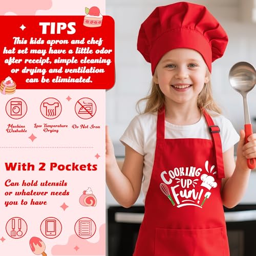 R HORSE Kid Apron and Chef Hat Set 2Pcs Adjustable Red Cooking Children Kitchen Apron, Waterproof Dress up Role Play Chef Toy Funny Cooking Baking Painting and Training Kit for Kid Birthday Party Gift - image 3
