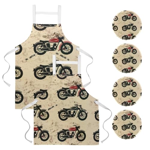 Tabliers de cuisine lot de 2 avec broches motif moto rouge noir